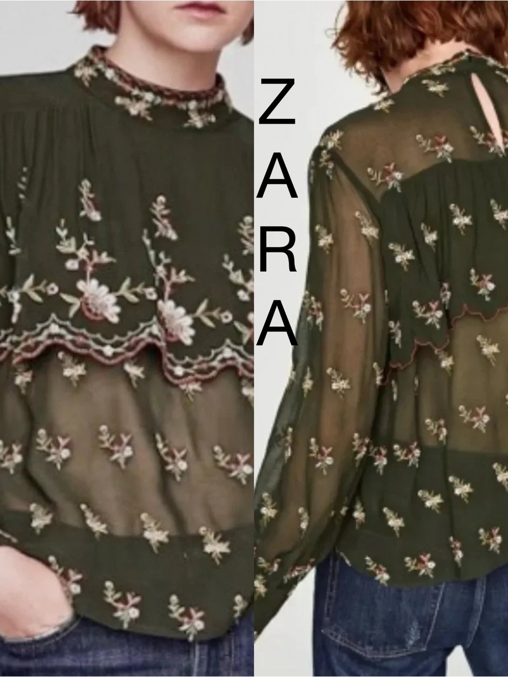 ZARA Olive Green Floral Embroidered Sheer Blouse